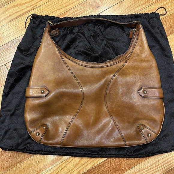 AUTHENTIC GUCCI TAN LEATHER HORSE BIT CHAIN HOBO STYLE HANDBAG PURSE & DUST BAG - Picture 3 of 16